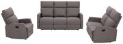 Drei graue Sessel in verschiedenen Perspektiven: ein einzelner Sessel von der Seite, ein dreisitziges Sofa von vorne und ein weiterer Sessel von der Seite.
