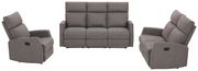 Drei graue Sessel in verschiedenen Perspektiven: ein einzelner Sessel von der Seite, ein dreisitziges Sofa von vorne und ein weiterer Sessel von der Seite.