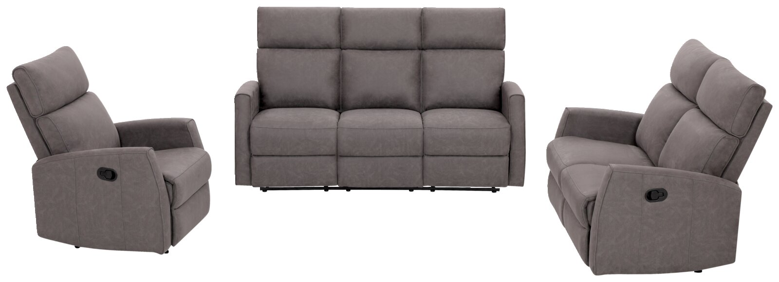 Drie grijze fauteuils vanuit verschillende perspectieven: een enkele fauteuil van opzij, een driezitsbank van voren en nog een fauteuil van opzij.