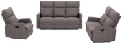 Drei graue Sessel in verschiedenen Perspektiven: ein einzelner Sessel von der Seite, ein dreisitziges Sofa von vorne und ein weiterer Sessel von der Seite.