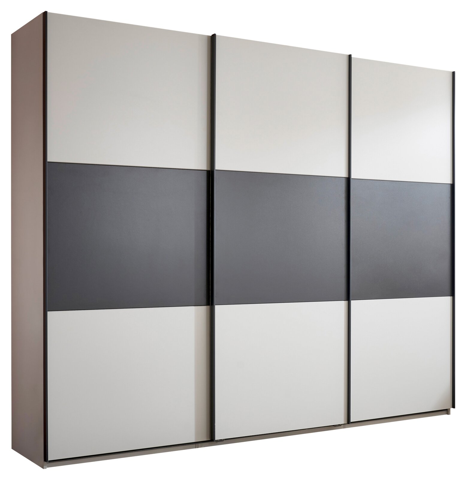 Moderner Schwebetürenschrank mit drei Schiebetüren in Weiß und Anthrazit, Frontansicht leicht schräg von links