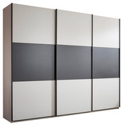 Moderner Schwebetürenschrank mit drei Schiebetüren in Weiß und Anthrazit, Frontansicht leicht schräg von links