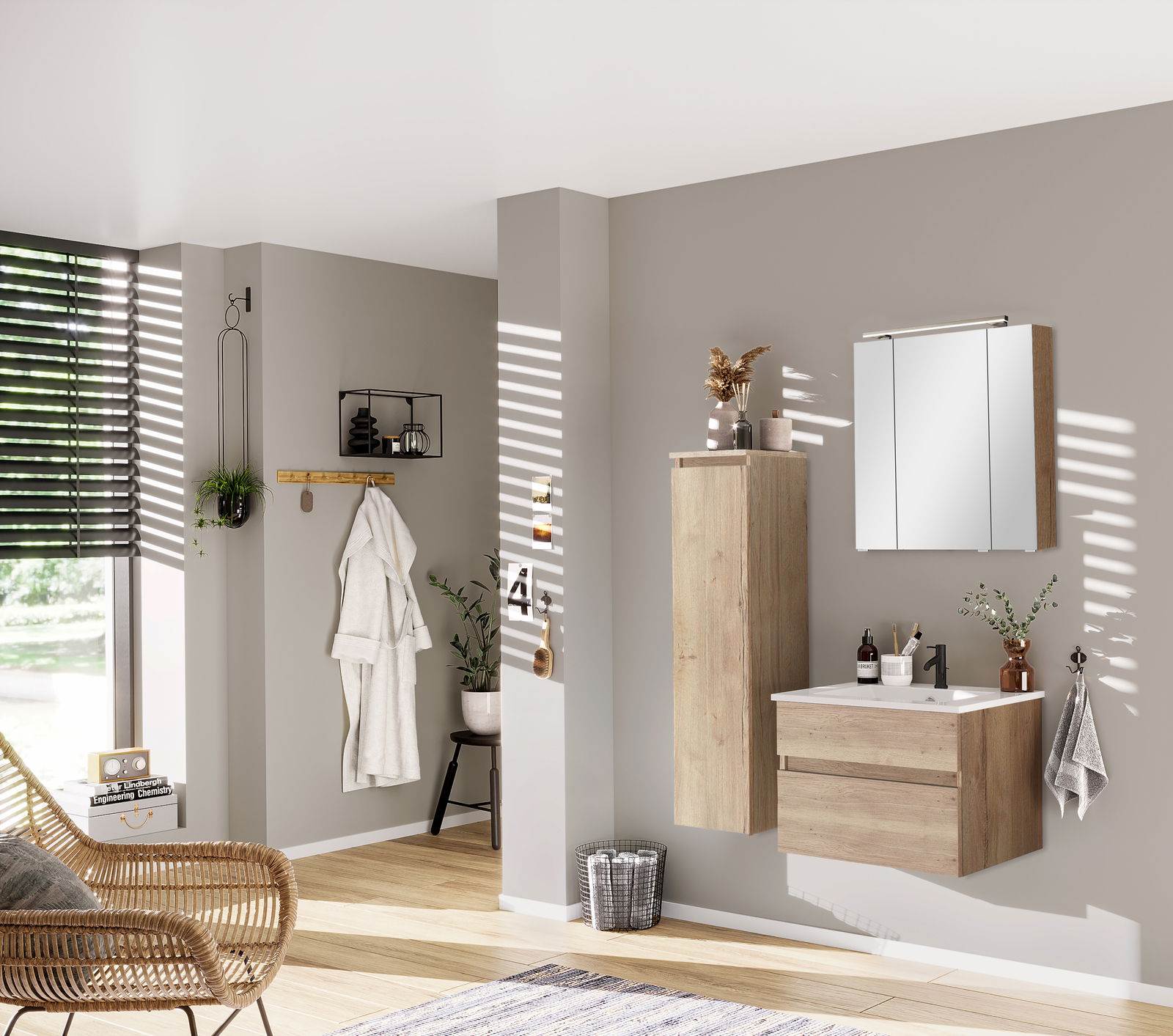 Novel Spiegelschrank NV.210 Moderner Spiegelschrank in einem stilvollen Badezimmer, seitliche Perspektive