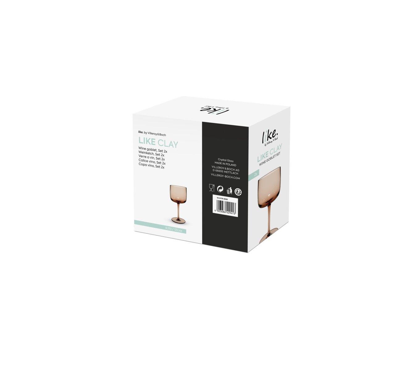 Verpackung des Weinkelch Sets LIKE CLAY von Villeroy & Boch, Perspektive von vorne rechts