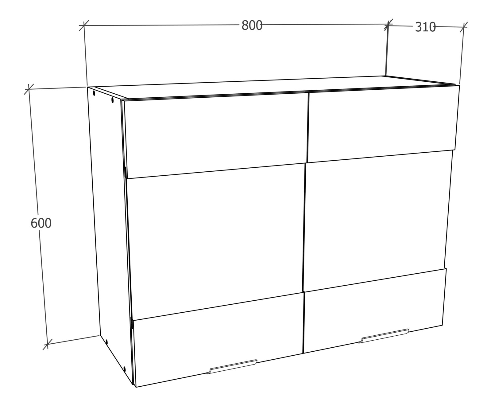 Technische Strichzeichnung eines wandhängenden Hängeschranks mit zwei Türen und Griffen, Maße ca. 800 mm Breite, 600 mm Höhe und 310 mm Tiefe, dargestellt in schräger Vorderansicht (Perspektive von vorn links oben).