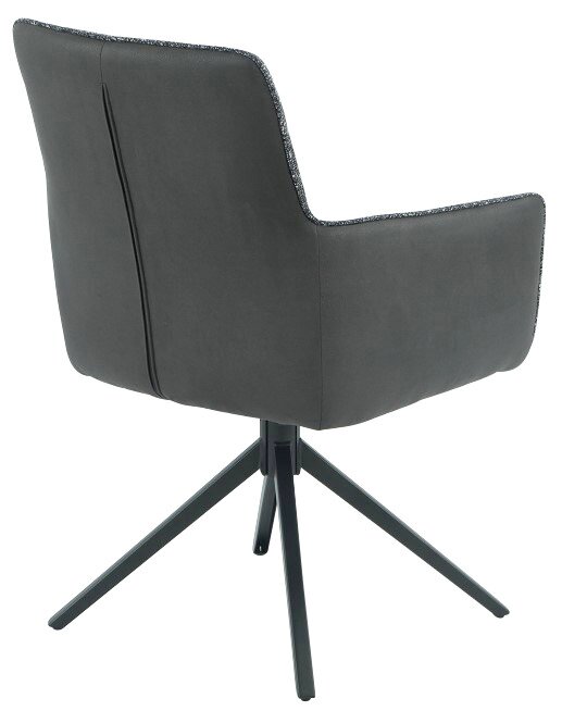 Achterkant van een moderne fauteuil met grijze stoffen bekleding en een zwart metalen frame.