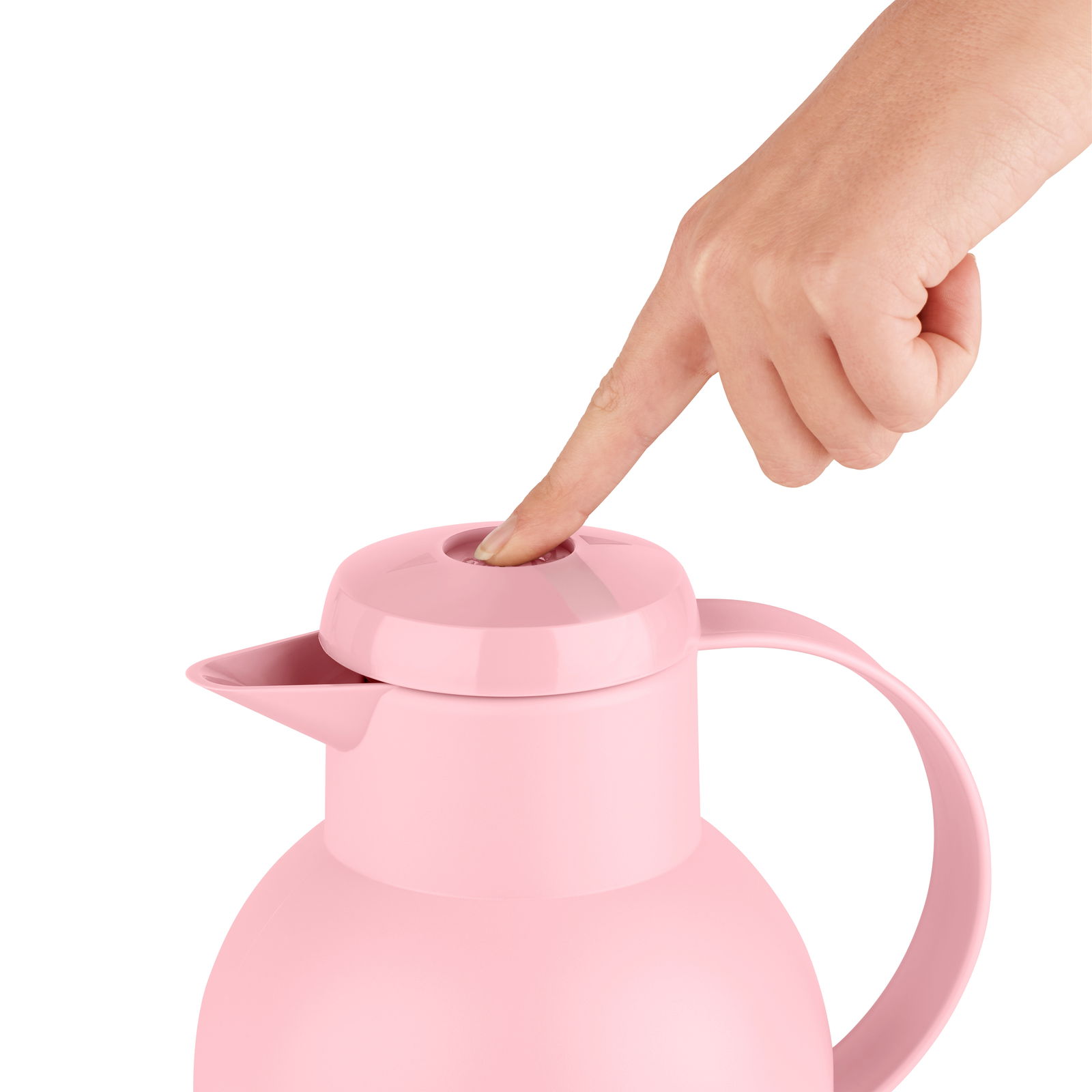 Rosa Isolierkanne SAMBA 1L mit einem Finger, der den Deckel von oben drückt, seitliche Perspektive