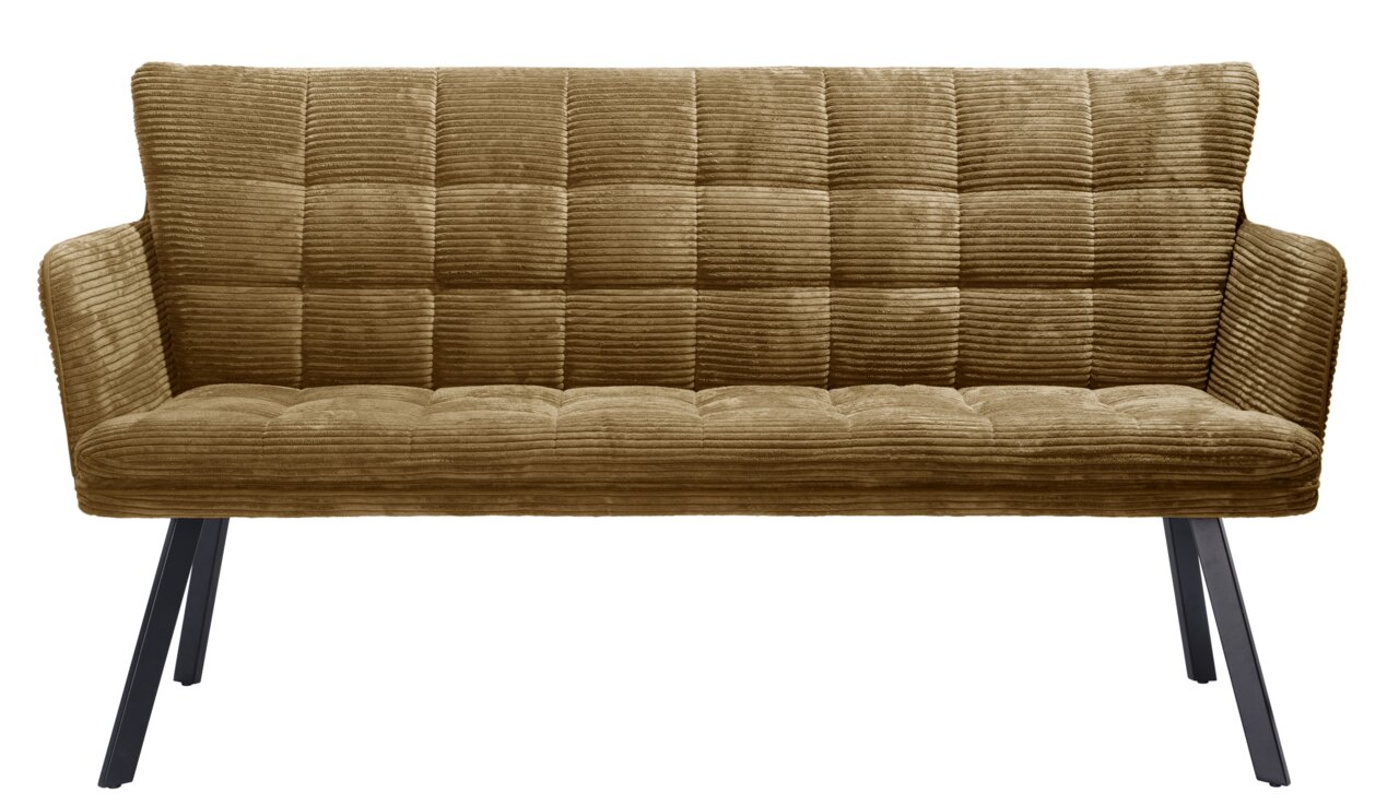 Vooraanzicht van een gestoffeerde bank met een bruine corduroy bekleding en zwarte metalen poten.
