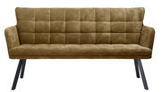 Vorderansicht einer gepolsterten Sitzbank mit braunem Cordbezug und schwarzen Metallbeinen.