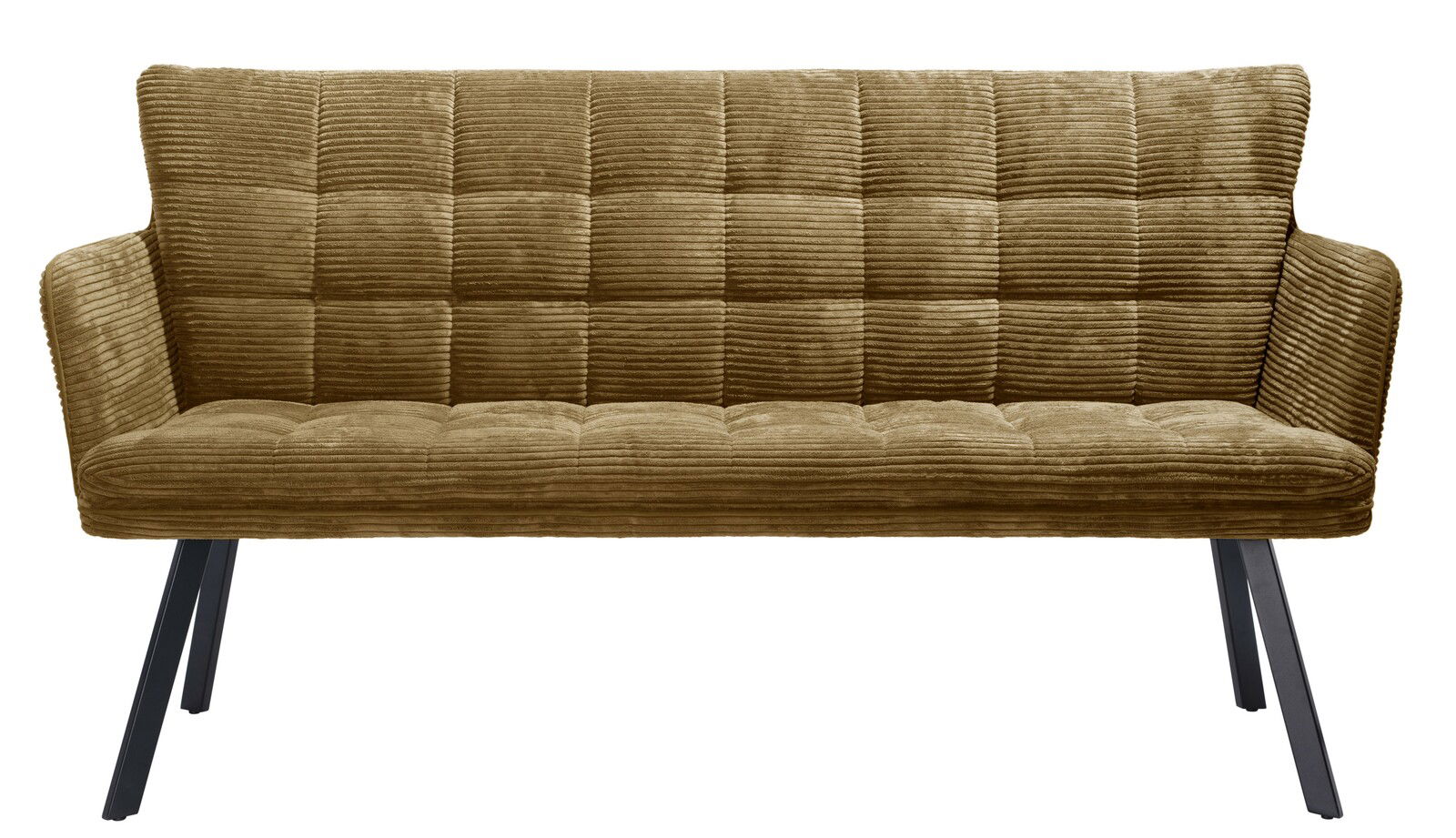 Vorderansicht einer gepolsterten Sitzbank mit braunem Cordbezug und schwarzen Metallbeinen.