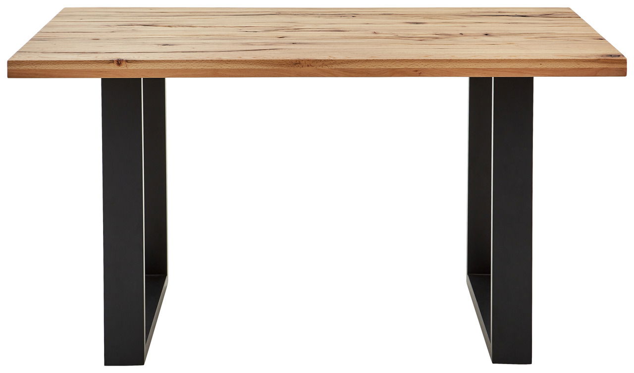 Moderner Tresentisch mit Holzplatte und schwarzen Metallbeinen, Frontalansicht.