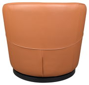 Rückansicht eines braunen Sessels mit glattem Lederbezug und schwarzem Sockel.