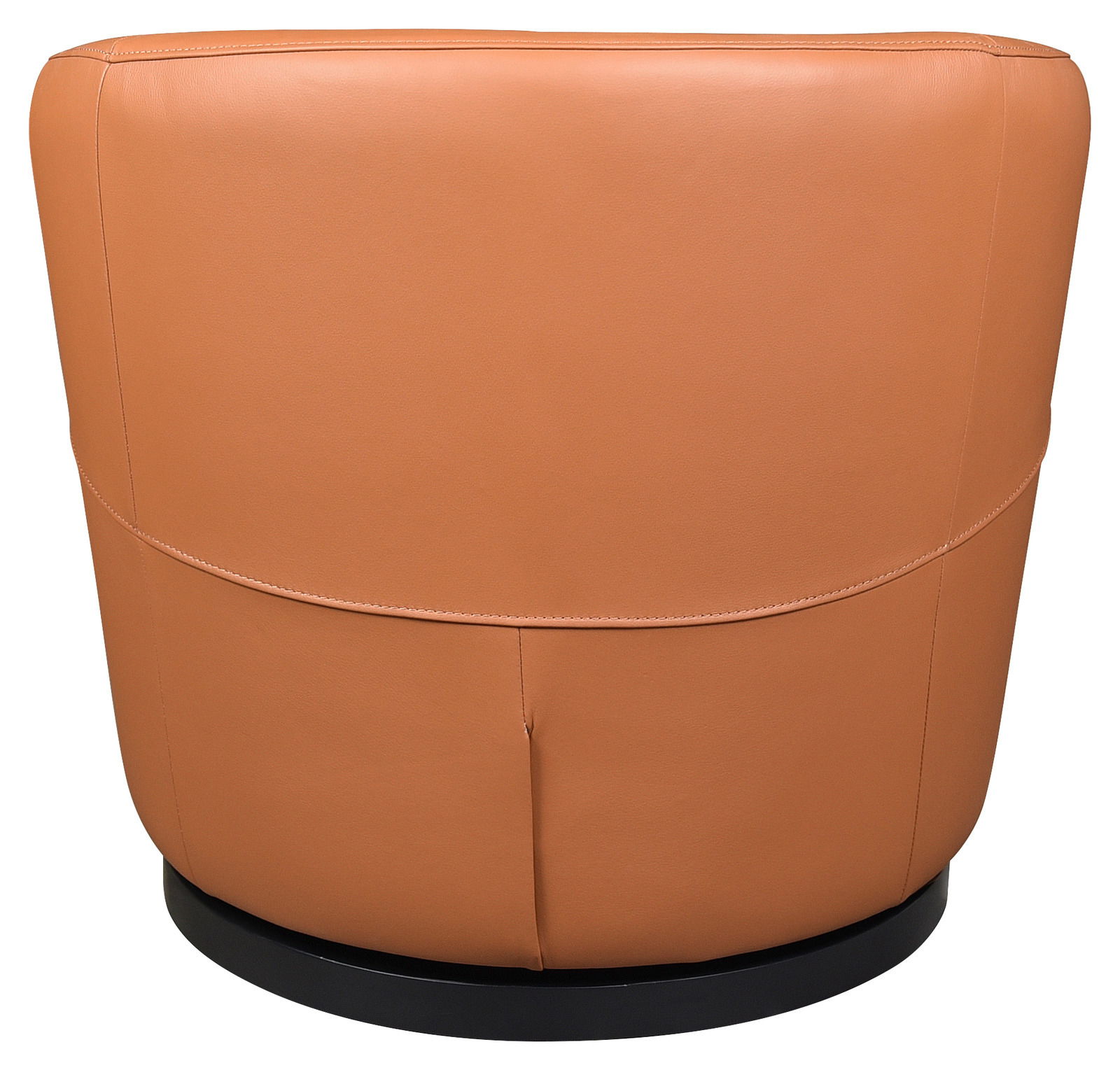 Rückansicht eines braunen Sessels mit glattem Lederbezug und schwarzem Sockel.