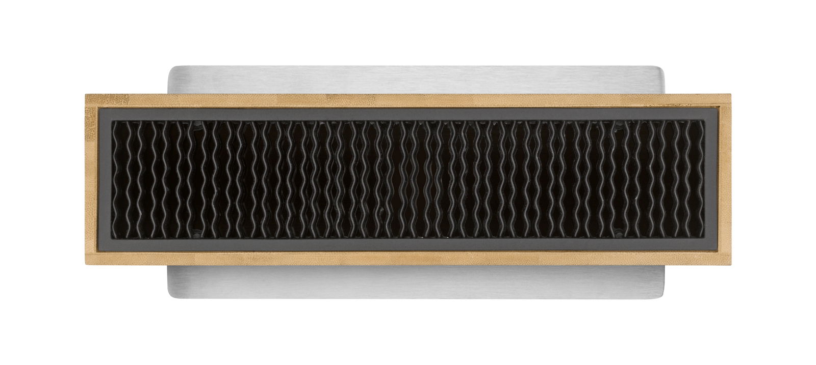 Ansicht von oben auf einen unbestückten Messerblock aus Bambus mit schwarzem Einsatz.