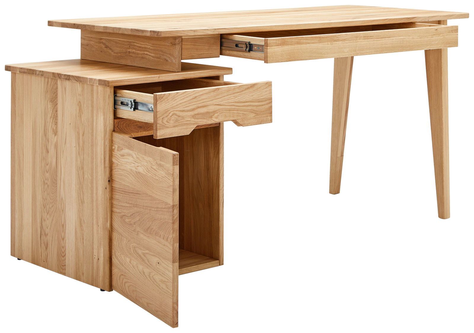 Holzschreibtisch mit zwei Schubladen und einem offenen Schrank, seitliche Perspektive