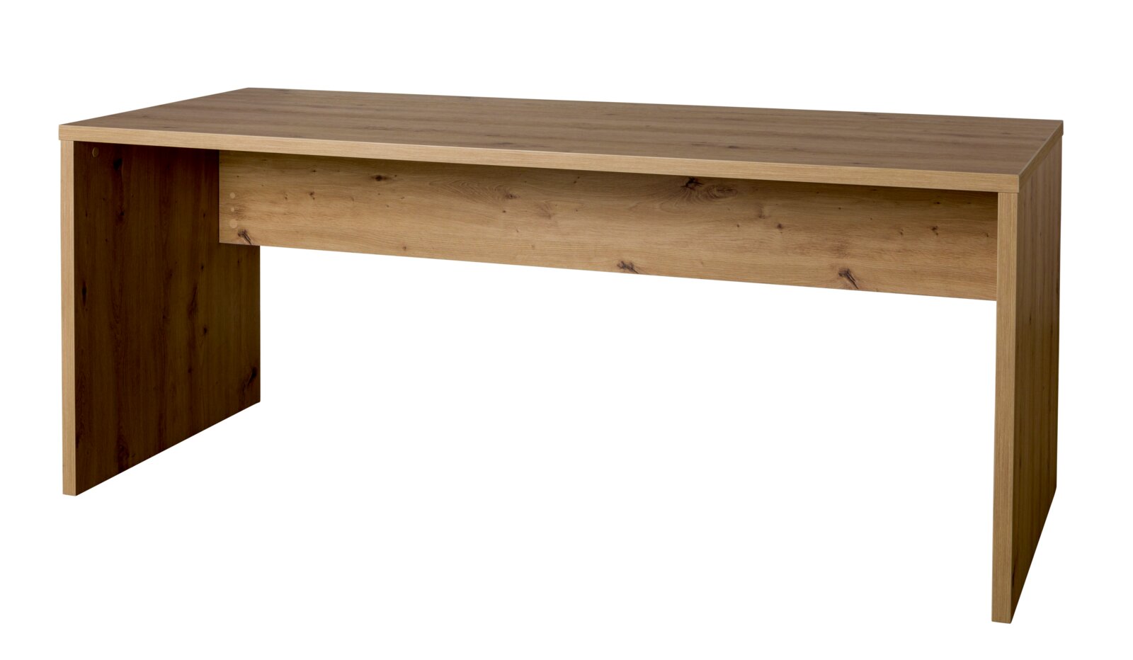 Houten bureau in vooraanzicht met strakke lijnen en een natuurlijke houtnerf.