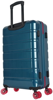 Blauer Hartschalen-Trolley mit ausziehbarem Teleskopgriff, rotem Reißverschluss und vier roten Rollen, schräg von hinten/seitlich fotografiert