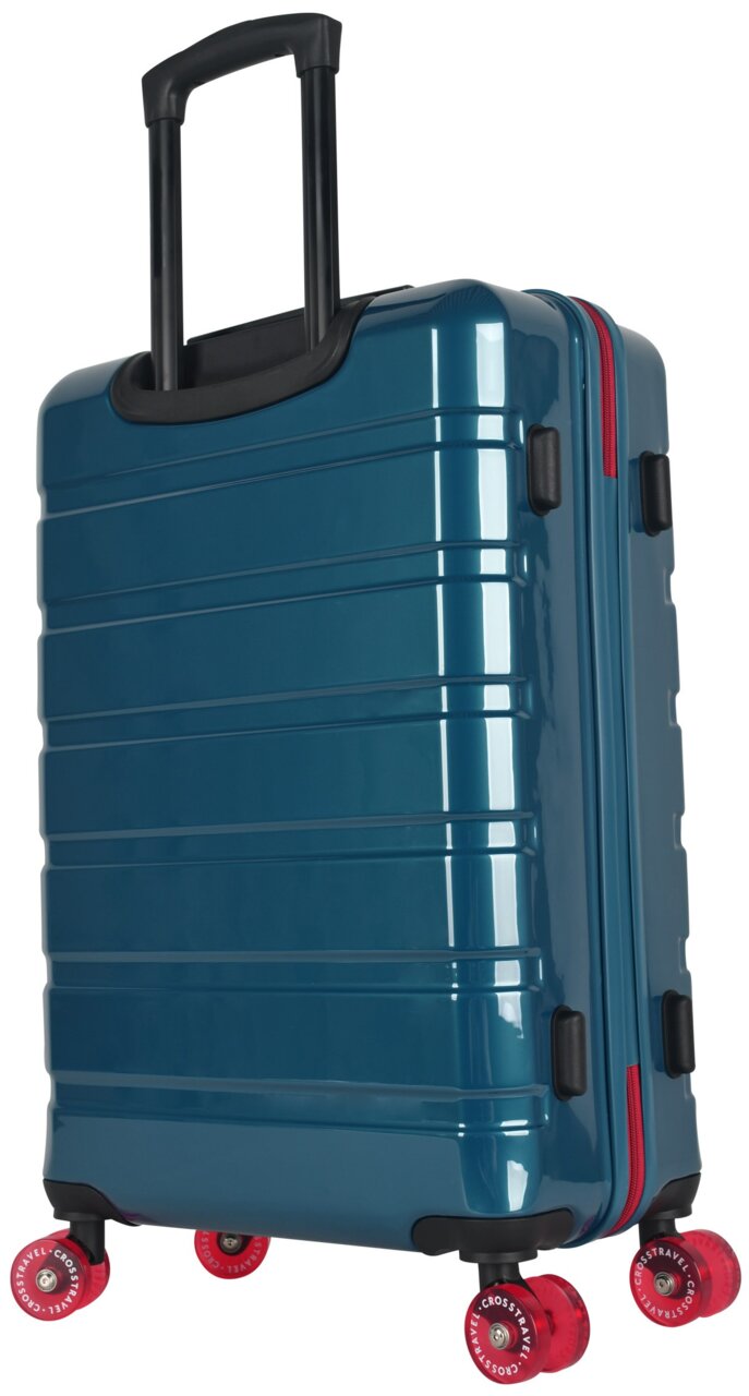 Blauer Hartschalen-Trolley mit ausziehbarem Teleskopgriff, rotem Reißverschluss und vier roten Rollen, schräg von hinten/seitlich fotografiert