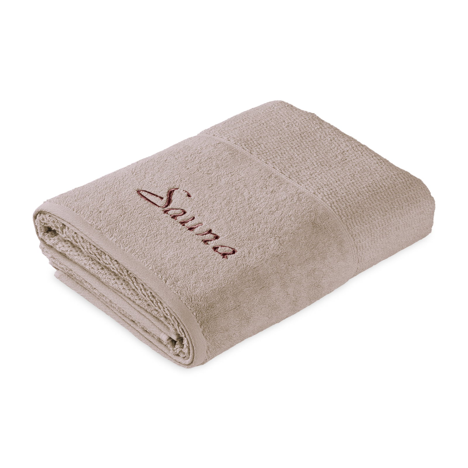 Beigefarbenes Saunatuch mit roter Stickerei 'Sauna', gefaltet und von der Seite fotografiert.