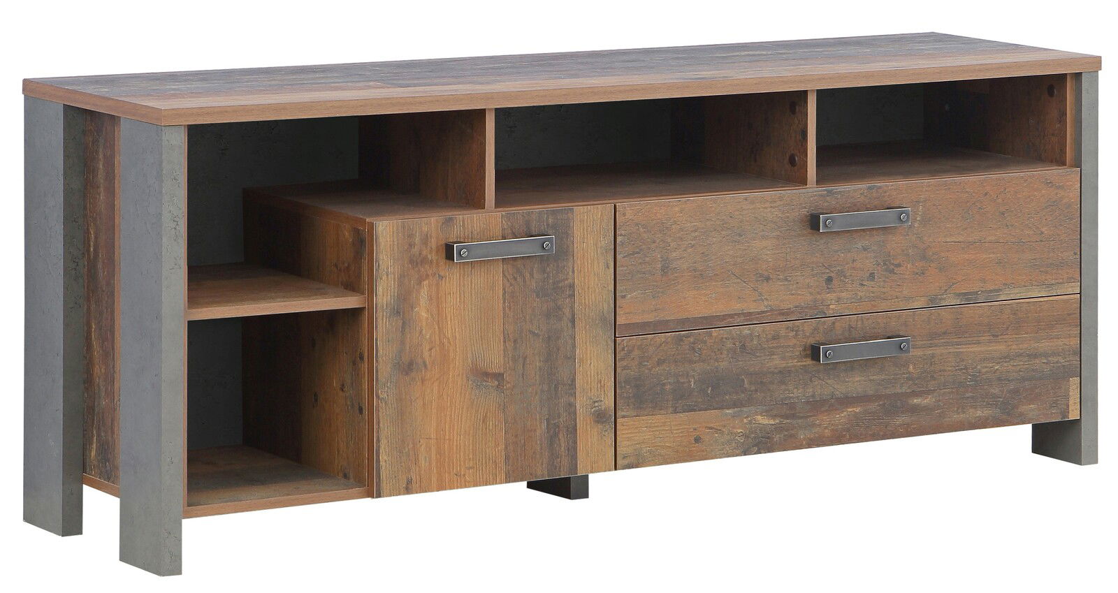 TV-Unterschrank aus Holz mit zwei Schubladen, einem Schrankfach und offenen Regalfächern, seitliche Perspektive