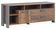 TV-Unterschrank aus Holz mit zwei Schubladen, einem Schrankfach und offenen Regalfächern, seitliche Perspektive