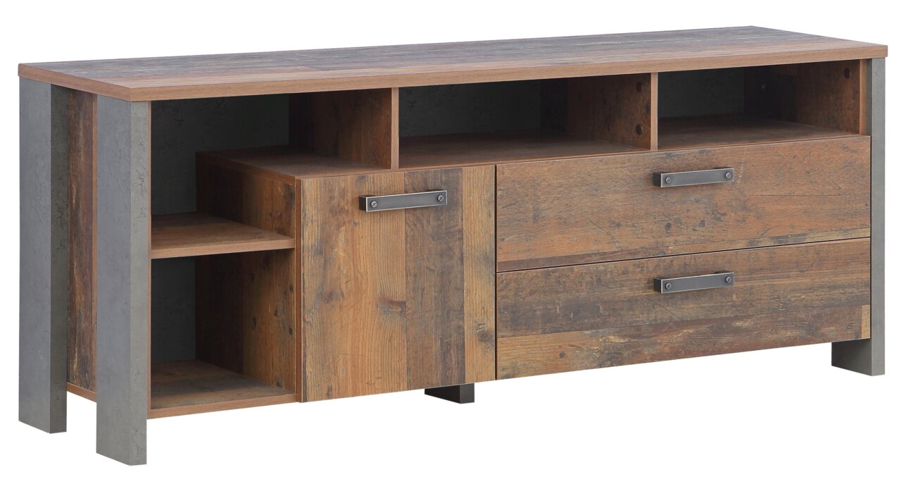 TV-Unterschrank aus Holz mit zwei Schubladen, einem Schrankfach und offenen Regalfächern, seitliche Perspektive