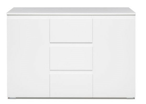 Weiße Kommode mit zwei Türen und drei Schubladen, frontale Ansicht