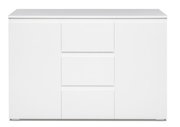 Weiße Kommode mit zwei Türen und drei Schubladen, frontale Ansicht