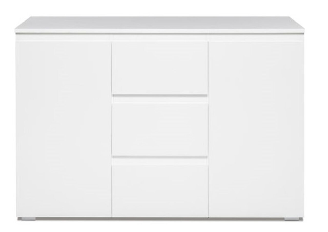 Weiße Kommode mit zwei Türen und drei Schubladen, frontale Ansicht