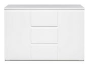 Weiße Kommode mit zwei Türen und drei Schubladen, frontale Ansicht