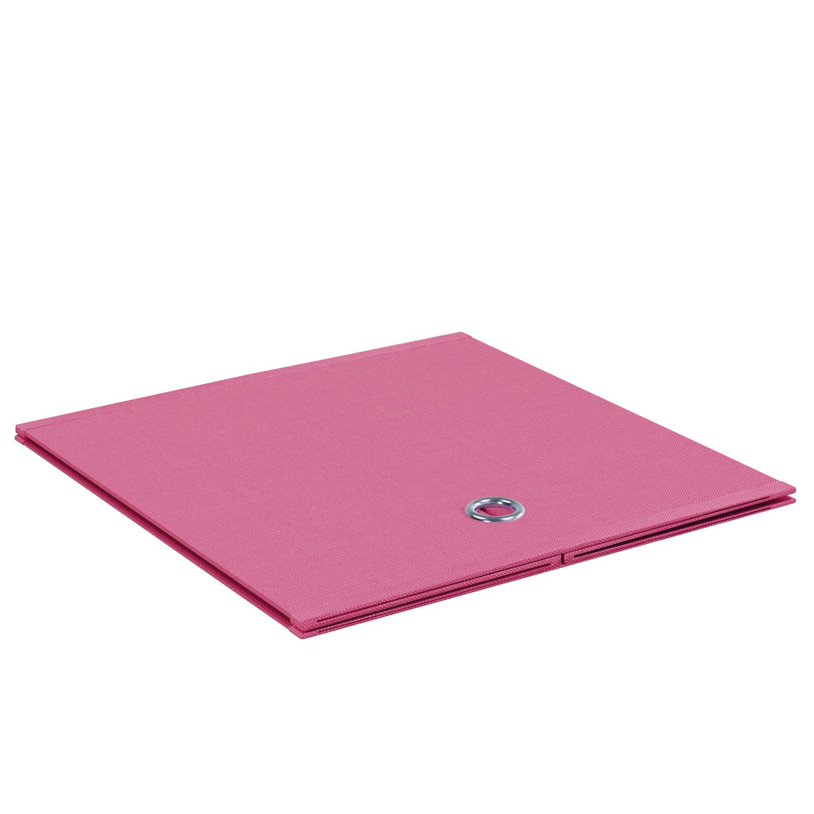 Pinkes, gefaltetes Sichtschutz-/Sonnensegel aus Gewebe mit Metallöse, freigestellt auf weißem Hintergrund, Perspektive: schräg von oben (3/4-Ansicht).
