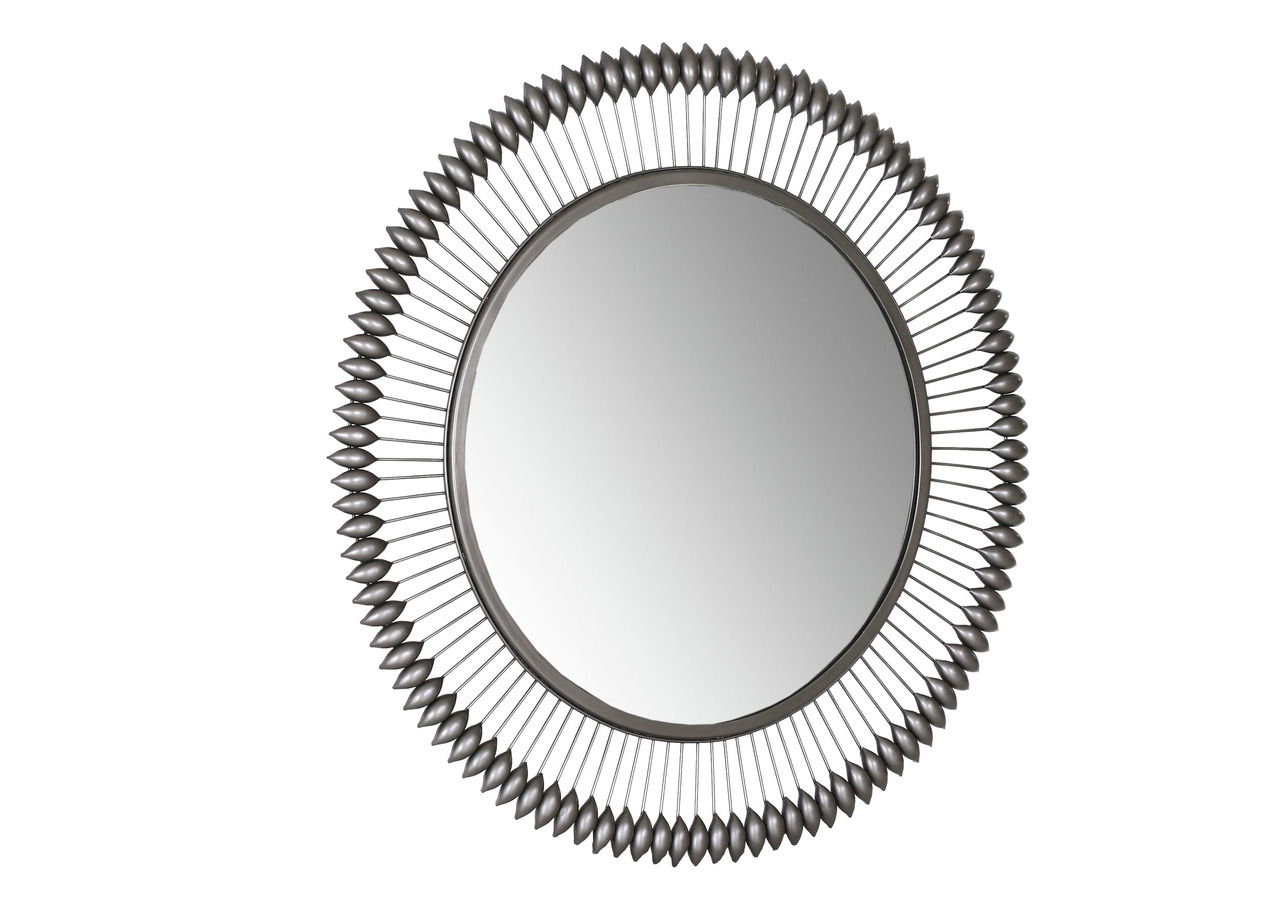 Runder Spiegel mit dekorativem, metallischem Rahmen in Draufsicht