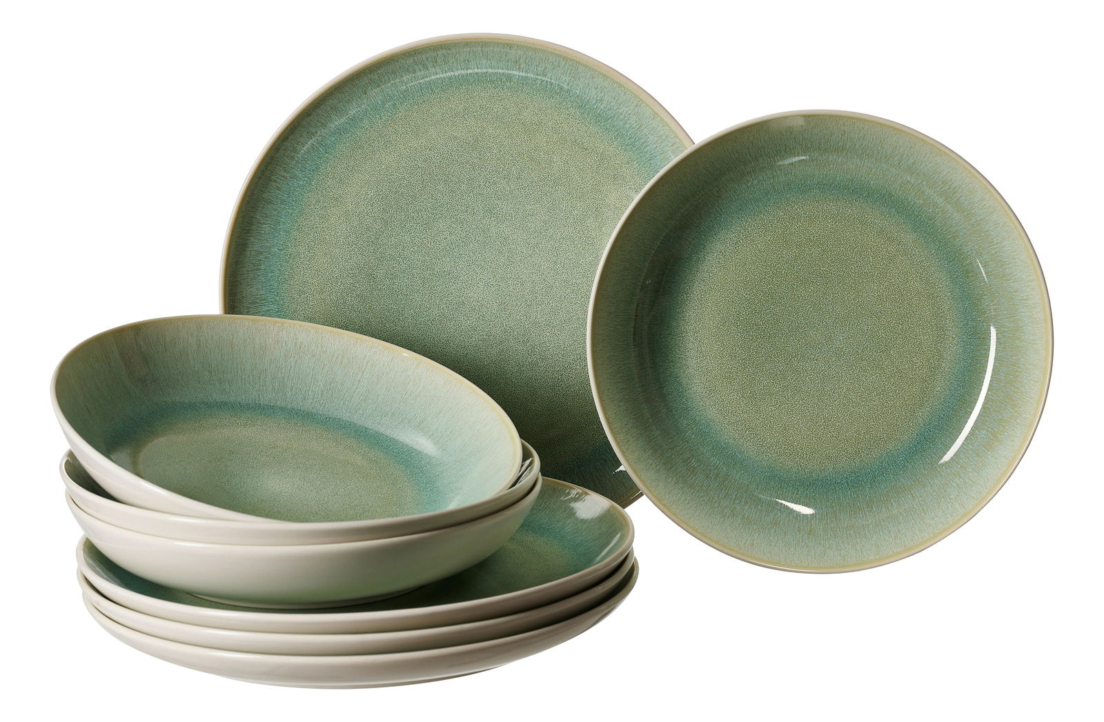 Grünes Tafelset 8-tlg. aus Keramik, bestehend aus flachen und tiefen Tellern, seitliche Perspektive