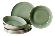 Grünes Tafelset 8-tlg. aus Keramik, bestehend aus flachen und tiefen Tellern, seitliche Perspektive