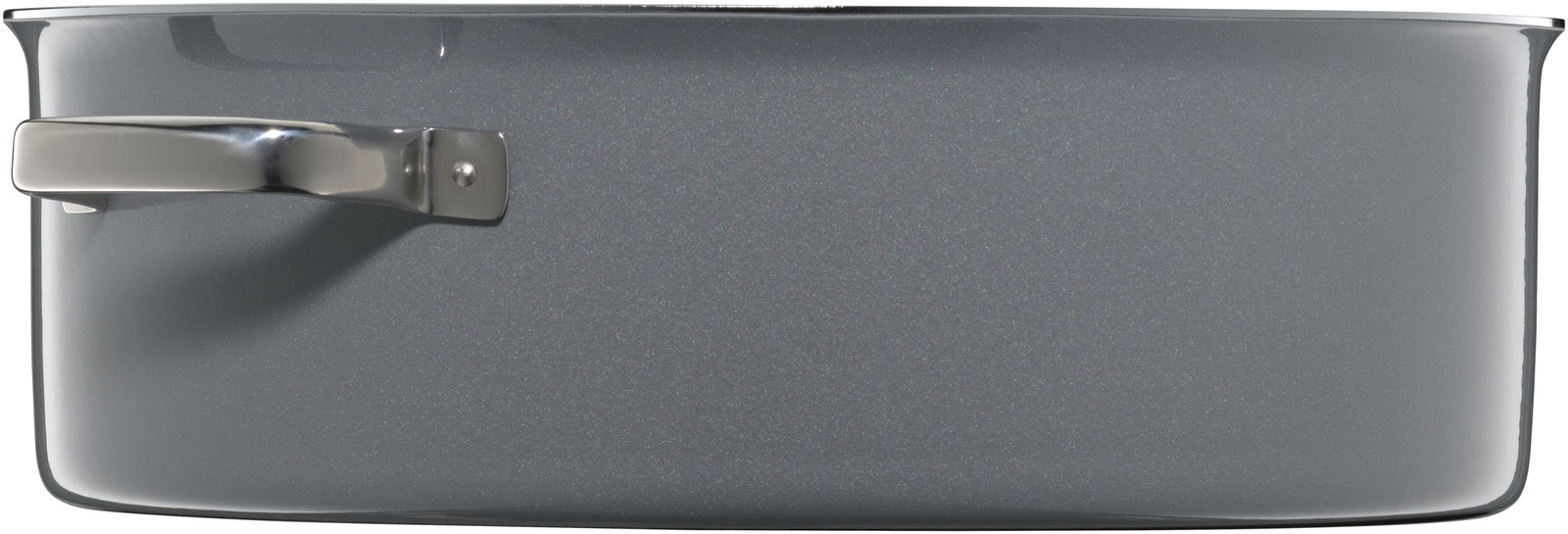 Seitliche Ansicht eines grauen, vielseitigen Bräters mit Griff.