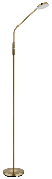 Elegante LED-Stehleuchte in Gold mit flexiblem Hals, seitliche Perspektive