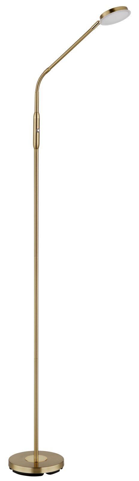 Elegante LED-Stehleuchte in Gold mit flexiblem Hals, seitliche Perspektive
