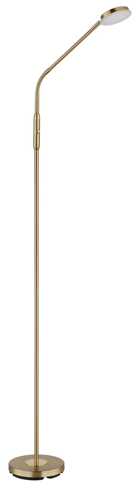 Elegante LED-Stehleuchte in Gold mit flexiblem Hals, seitliche Perspektive