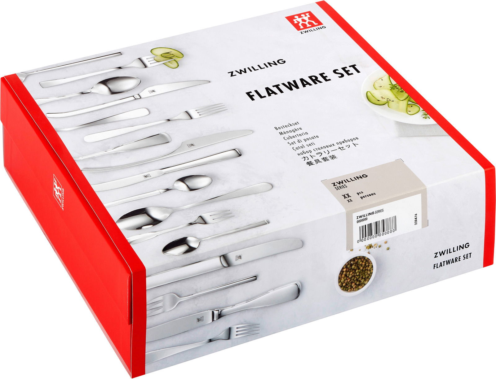 Verpackung des Zwilling Bestecksets, 72-teilig, poliert, in schräger Perspektive.