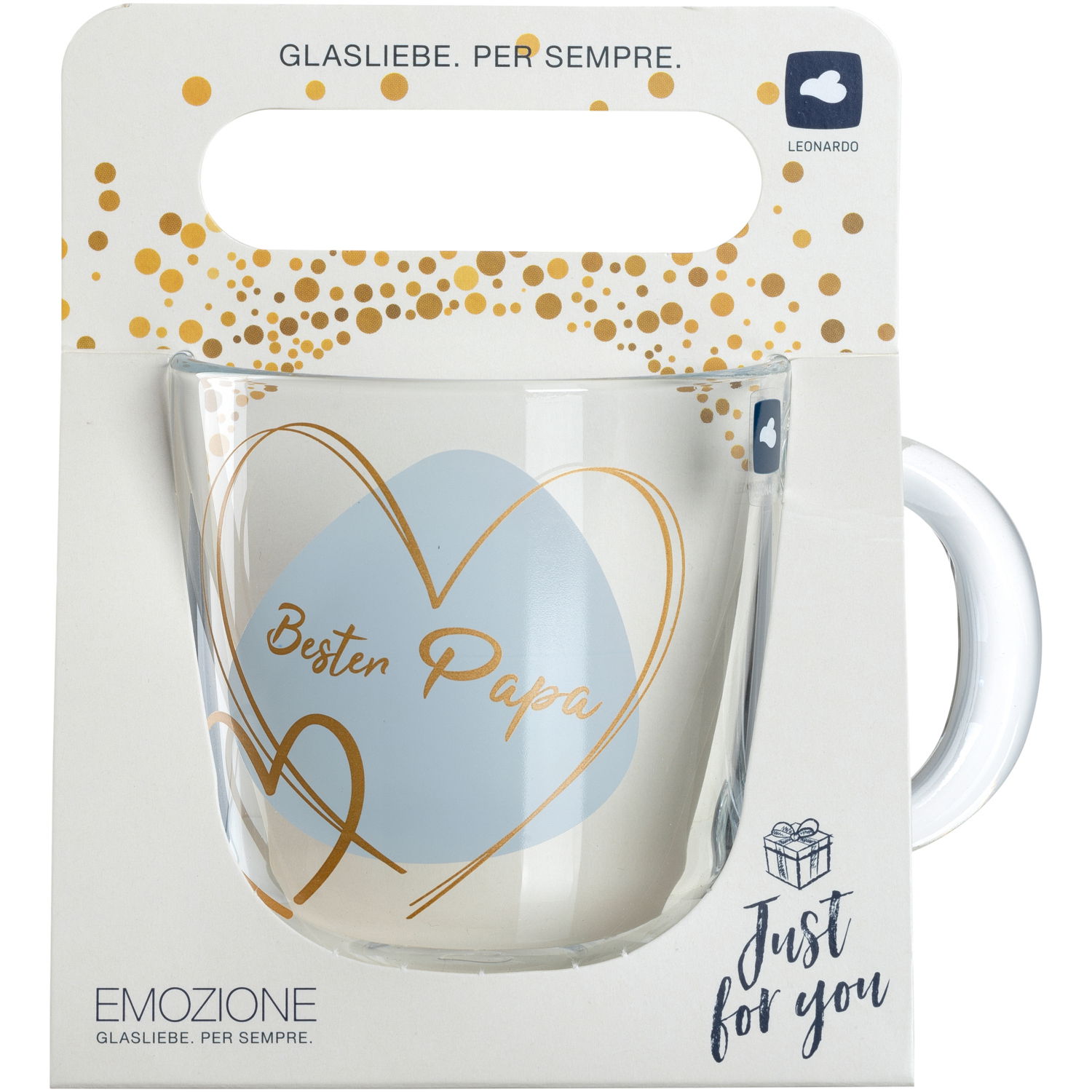 Glas-Tasse mit der Aufschrift 'Bester Papa' in einem goldenen Herzdesign, frontal präsentiert in einer Geschenkverpackung.