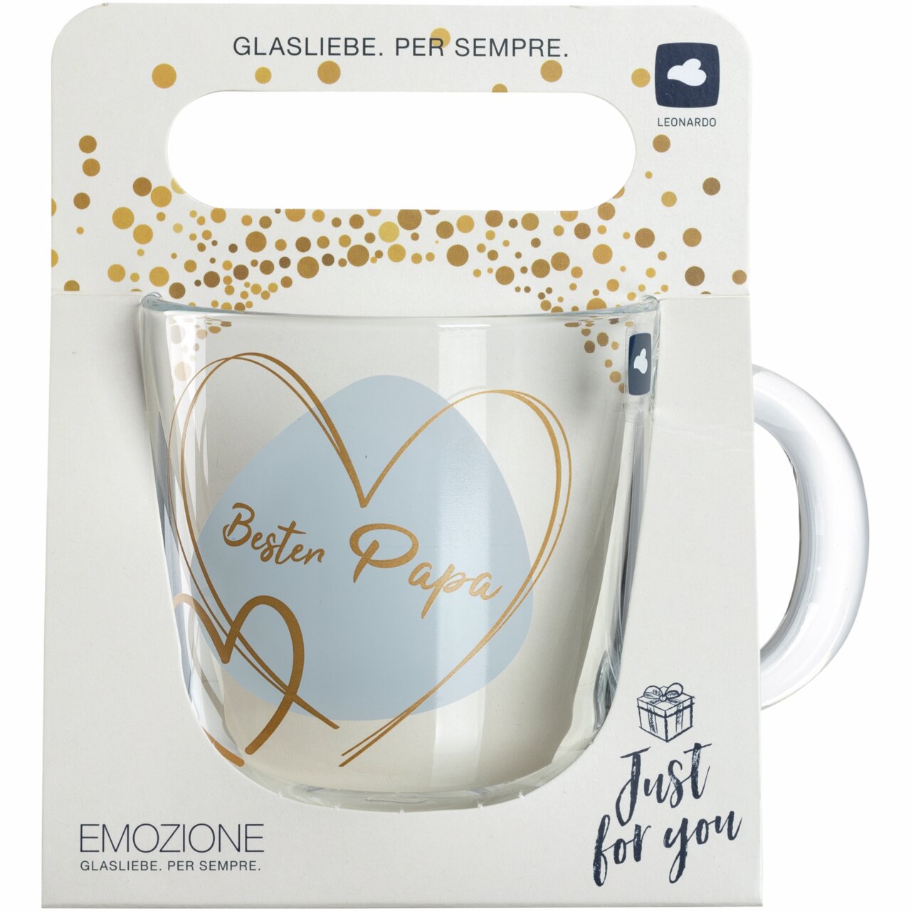 Glas-Tasse mit der Aufschrift 'Bester Papa' in einem goldenen Herzdesign, frontal präsentiert in einer Geschenkverpackung.
