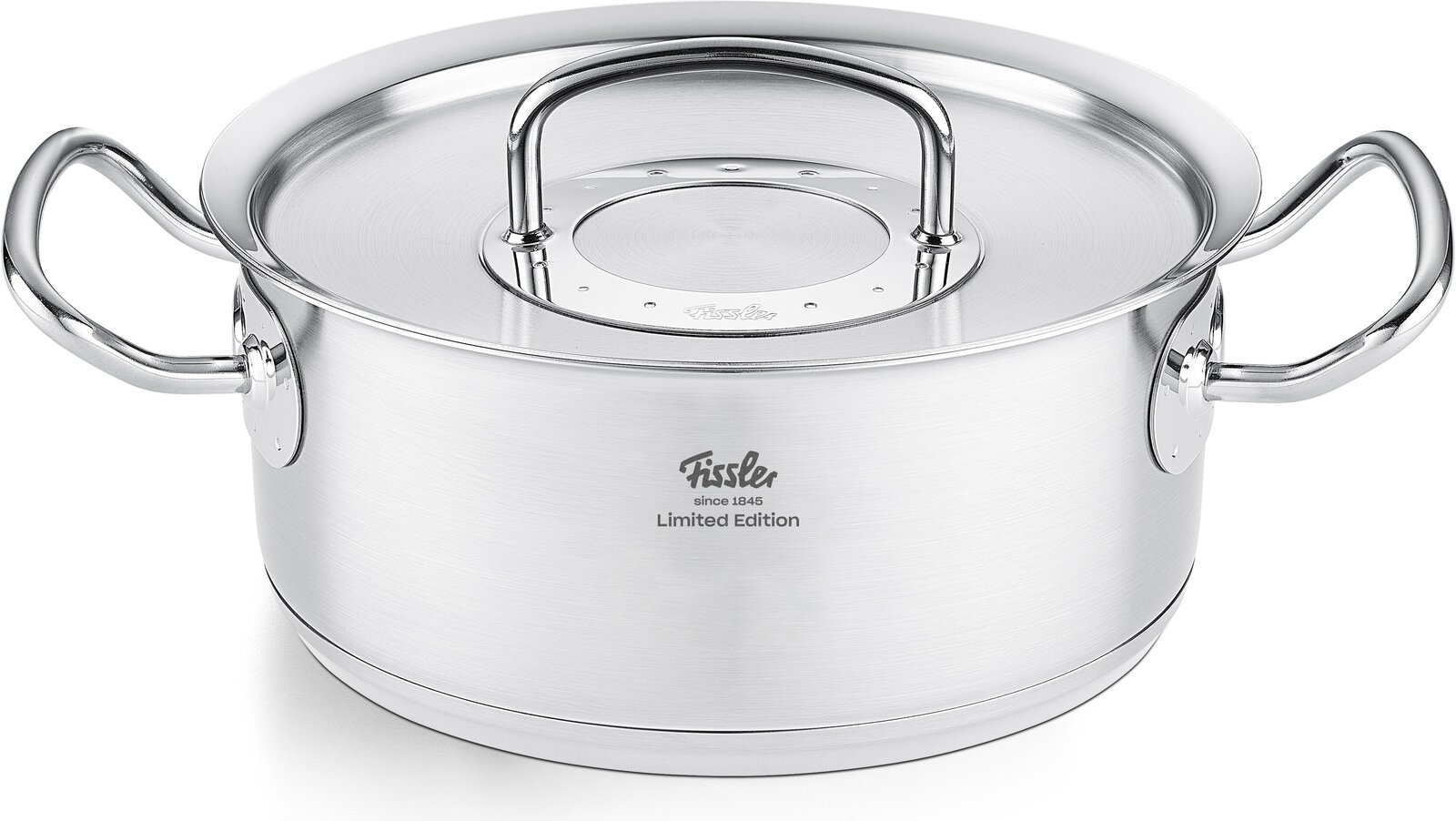 Edelstahl-Topf mit Deckel und zwei Griffen, seitliche Perspektive