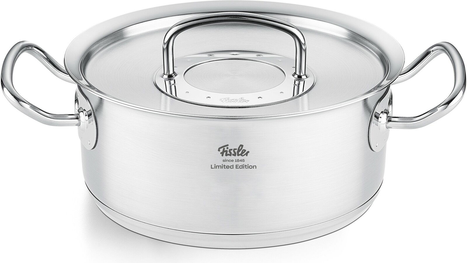 Edelstahl-Topf mit Deckel und zwei Griffen, seitliche Perspektive