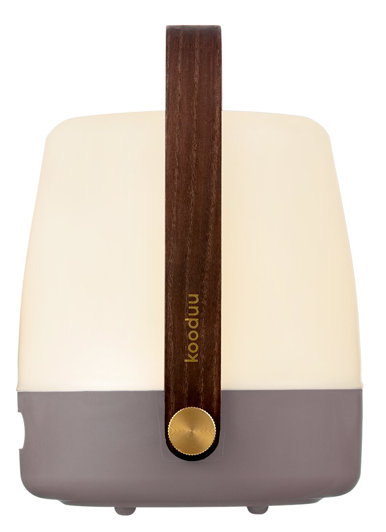 Frontansicht der kooduu LED-Lampe LITE-UP 2.0 mit einem eleganten Holzgriff und einem modernen Design.