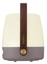 Frontansicht der kooduu LED-Lampe LITE-UP 2.0 mit einem eleganten Holzgriff und einem modernen Design.