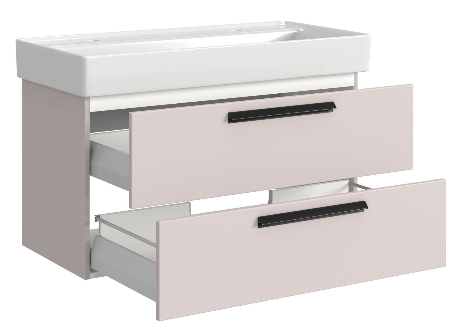 Waschtisch-Set mit zwei Schubladen in hellem Beige, Ansicht von vorne links