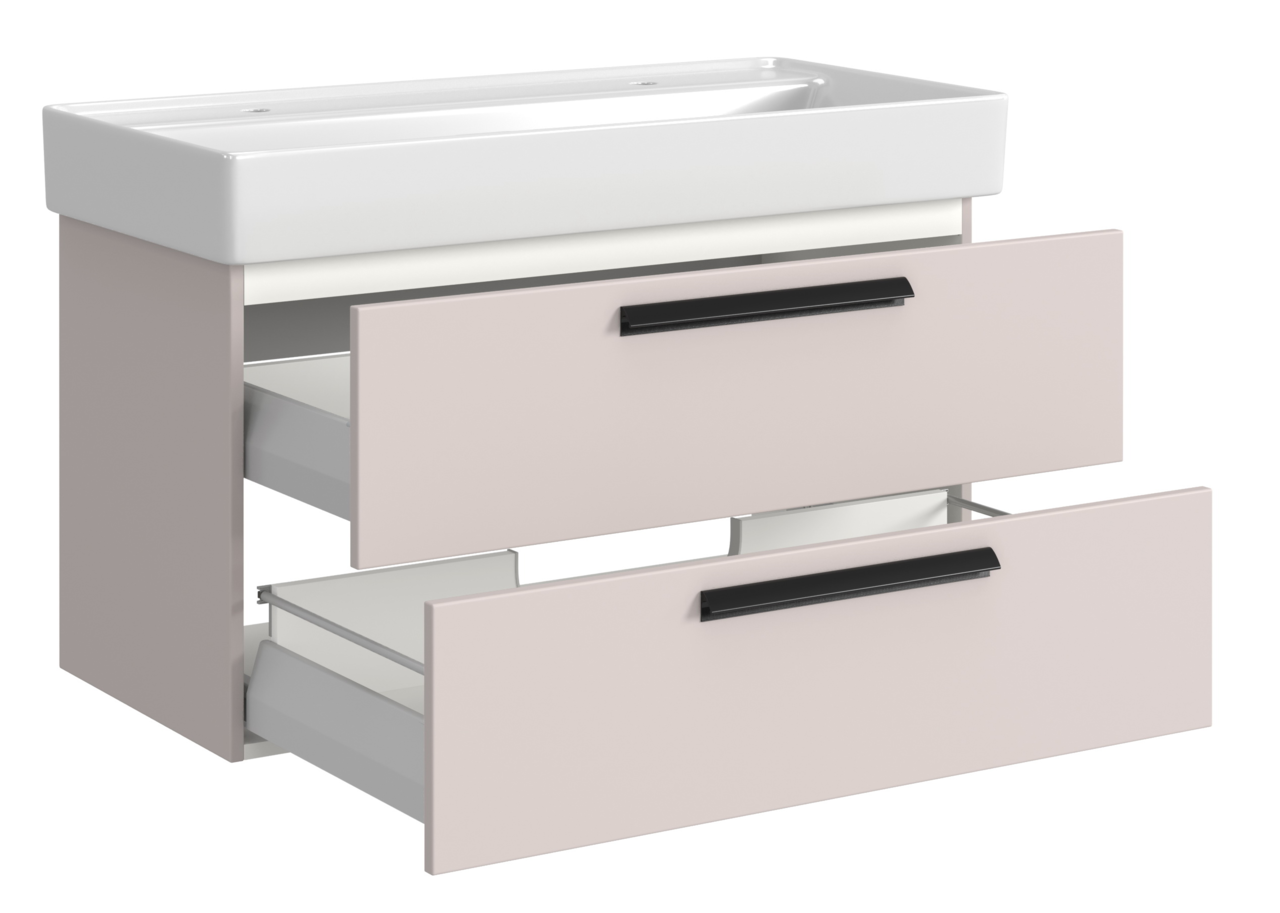 Waschtisch-Set mit zwei Schubladen in hellem Beige, Ansicht von vorne links