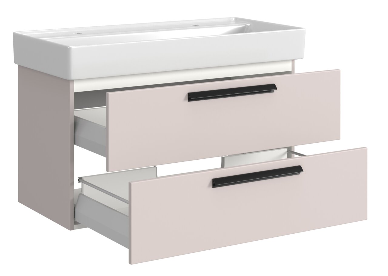 Waschtisch-Set mit zwei Schubladen in hellem Beige, Ansicht von vorne links