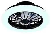 Moderne schwarze Deckenleuchte mit integriertem Ventilator und umlaufendem LED-Lichtring, Ansicht von unten (Untersicht)