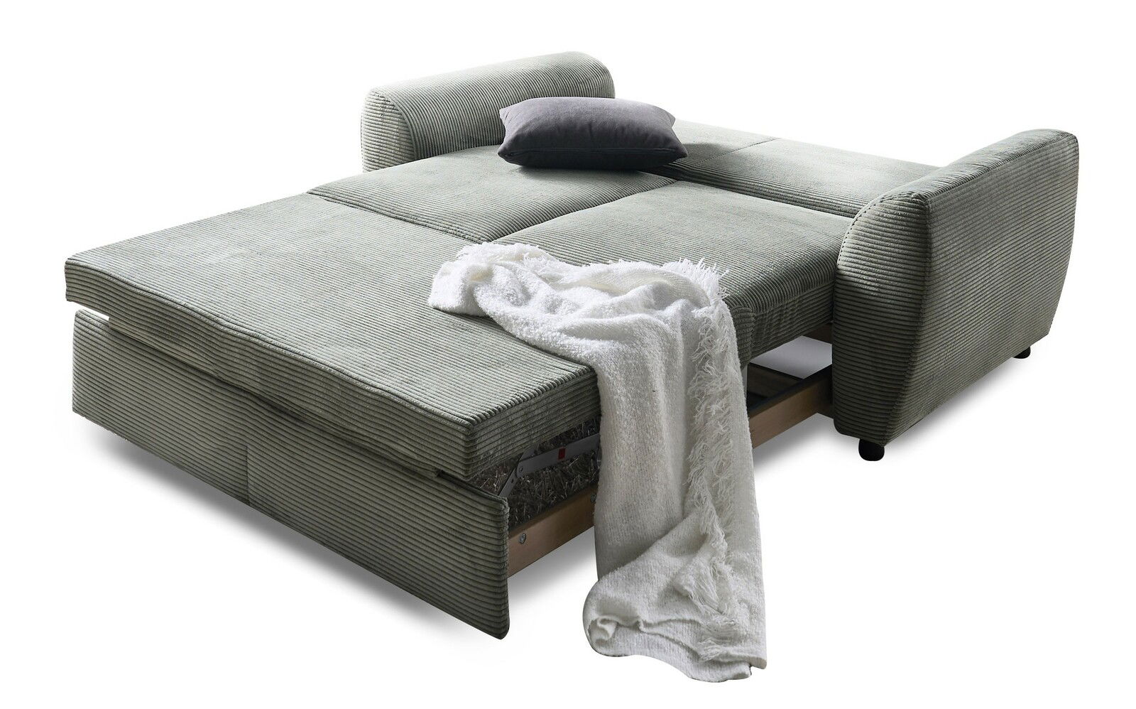 Funktionssofa in Liegeposition mit grauem Stoffbezug, Kissen und Decke, seitliche Perspektive
